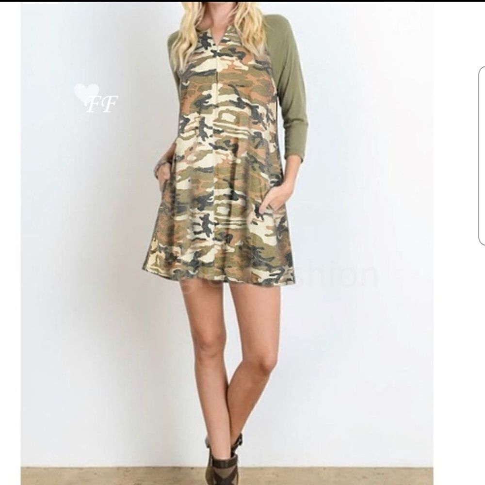 Womens camo print tunic dress 3/4 sleeves